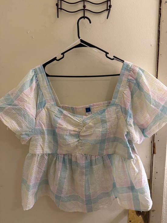 Old Navy Tops - Old Navy Pastel Plaid Peplum Top - Light Blue, Pink & Cream